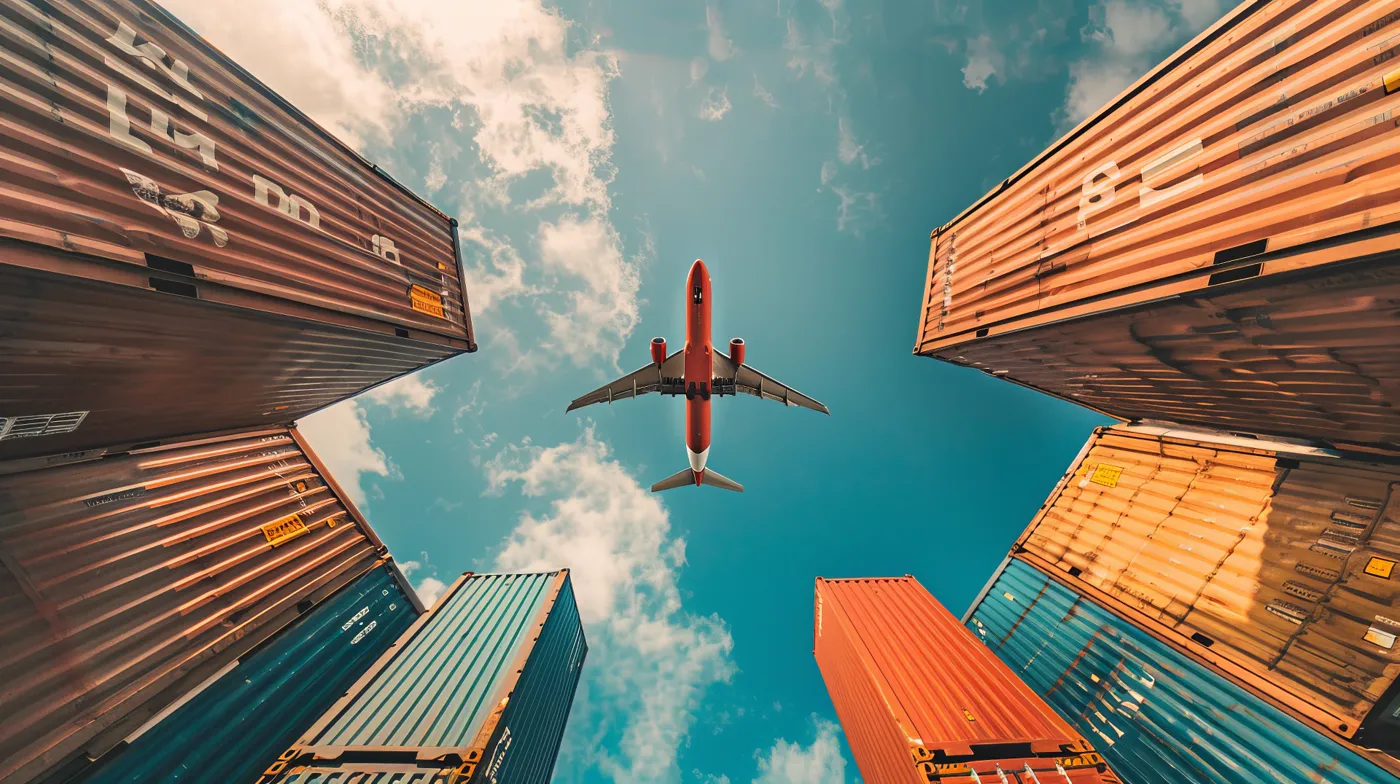 Airplane above shipping containers